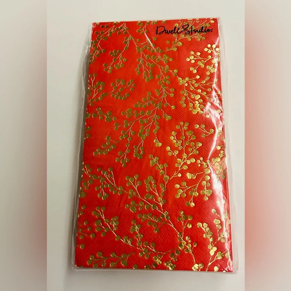 New 32 Guest Towels Red and Gold Foil Flowers Dwell Studios